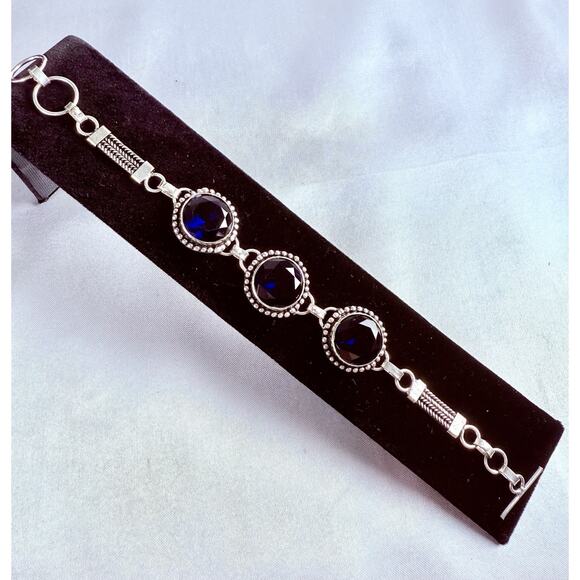 925 Sterling Silver Blue Sapphire Gemstone Jewelry Handmade Chain Bracelet 7.5” - Picture 2 of 6